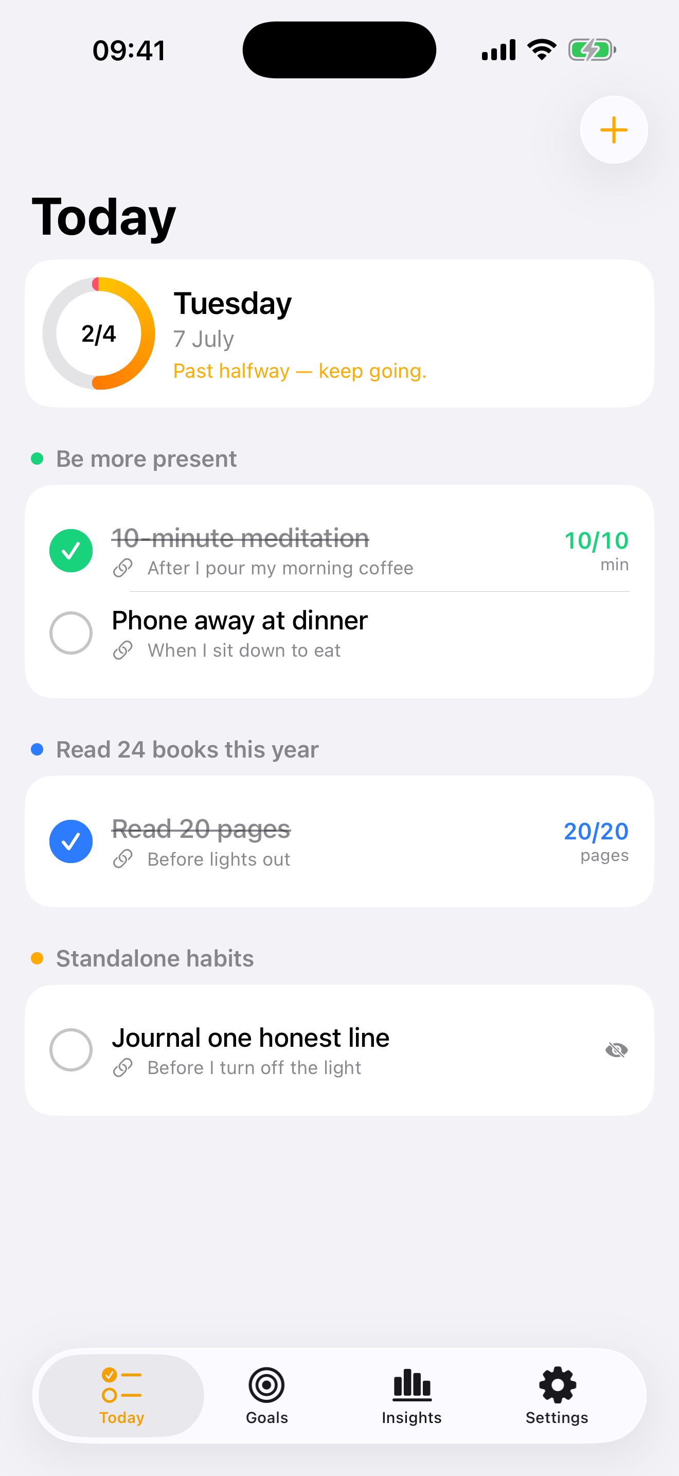 Today screen showing habits and progress